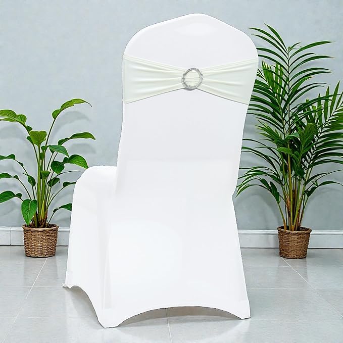 MDS Pack of 250 Spandex Chair Sashes Bow Universal fits Elastic Stretch Chair Bands Ties with Buckle for Wedding Party Banquet Events Decoration Spandex Slider Sashes Bow - Ivory
