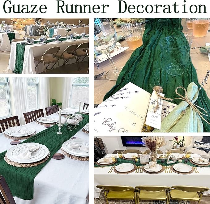 16 Pack Emerald Green Cheesecloth Table Runner 20 x 120 inch Gauze Table Runners 10 FT Long,Semi Sheer Boho Cheese Cloth Fabric Table Runner Bulk for Wedding,Party,Baby Shower,Bridal Shower Decoration