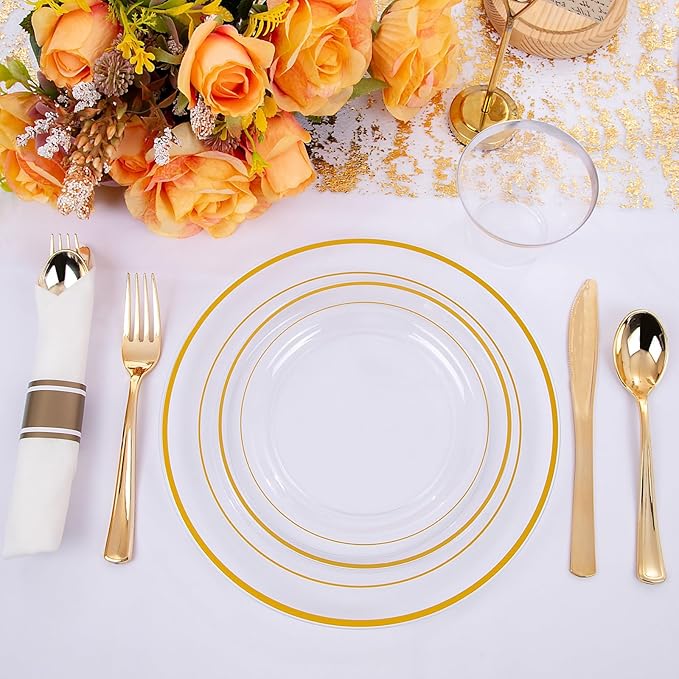 WELLIFE 210PCS Clear-Gold Plastic Plates - Dinnerware Sets for 30 Guests - 60 Disposable Plates, 90 Plastic Silverware, 30 Cups, 30 Napkins for Party