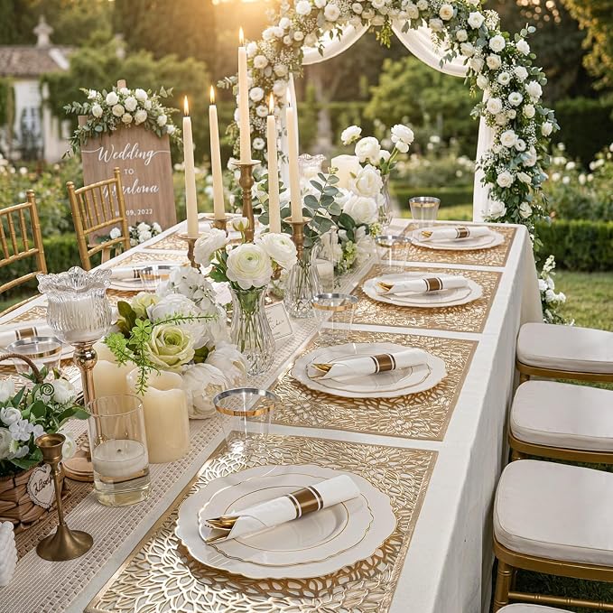 Liacere 350PCS Ivory Plastic Plates-Cream Disposable Plates With Gold Rim-50Guest Baroque Plastic Dinnerware include 100 Plates - 50 Pack Pre Rolled Napkins Silverware 50Cups for Wedding＆Party