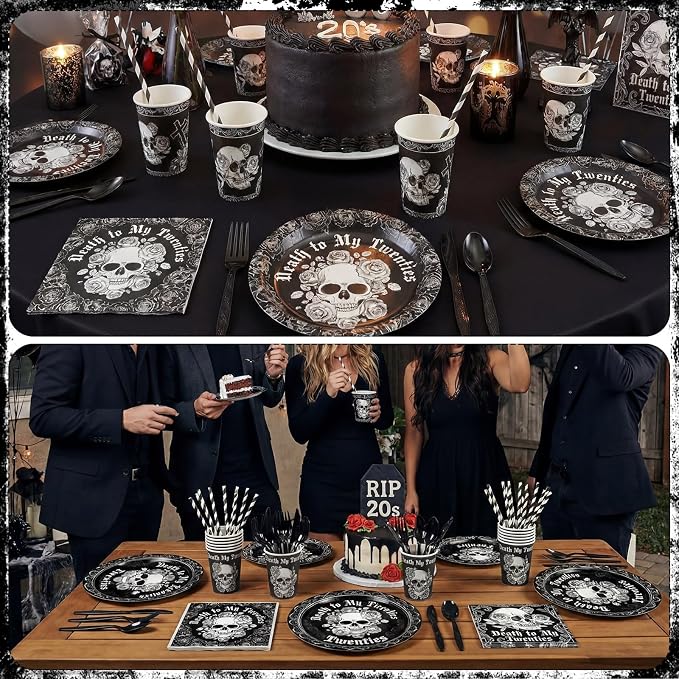 450 Pcs Death to My 20s Tableware Set Black White 30th Birthday Party Decorations Rip to My 20s Paper Plates Napkins Cups Cutlery Straws for Funeral Youth Birthday Supplies, Serves 50