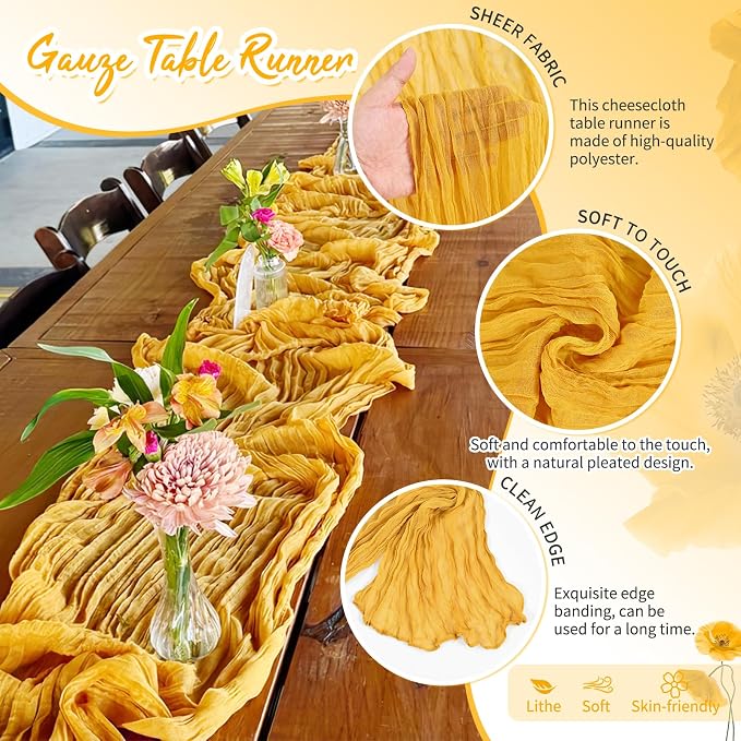 18 Pack Gold Cheesecloth Table Runner 17 x 108 inch Boho Gauze Table Runner Rustic Sheer Cheese Cloth Table Decorations for Wedding Party Baby Bridal Shower Birthday Holiday Home