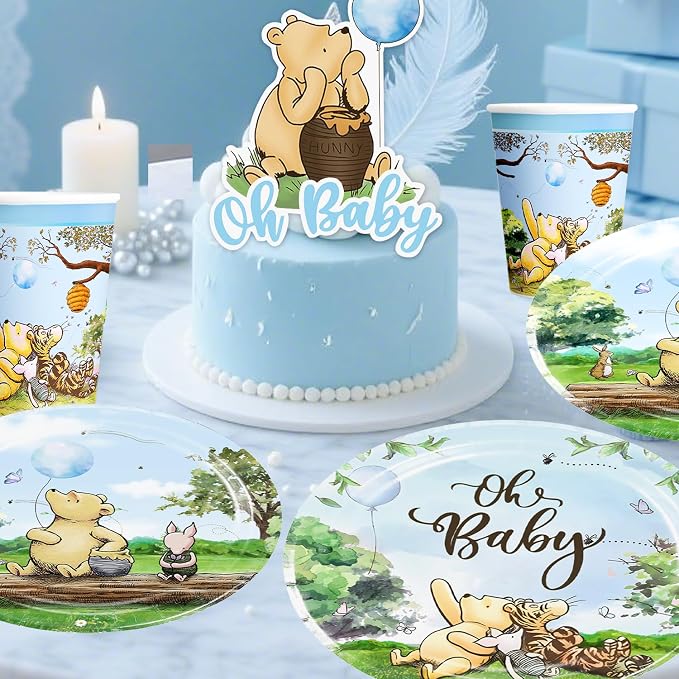 Classic Bear Baby Shower Decorations Boy, Blue Baby Shower Decorations Balloons and Baby Boxes, Backdrop, Dinnerware Set, Cake Toppers with Stand, Mom to Be Sash, Baby Shower Decor