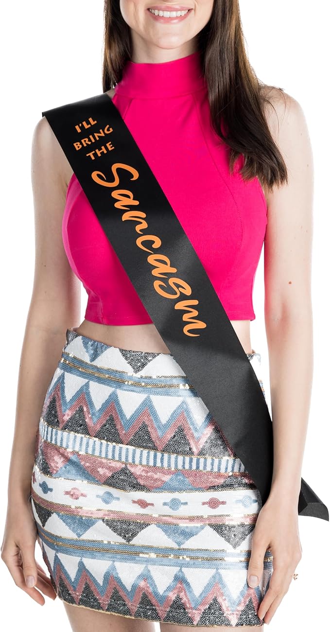 Funky Junque Bridal Sash Bachelorette Party Bridal Shower Gift - I'll Bring The - Sarcasm (Black/Neon Orange)