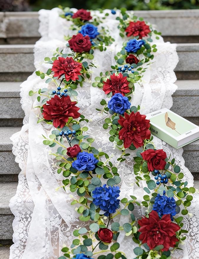 Waipfaru Flower Garland, 6.07Ft Eucalyptus Greenery Garland, Rose Floral Vines for Wedding Table Runner Centerpieces Backdrop Decor (Red Blue)
