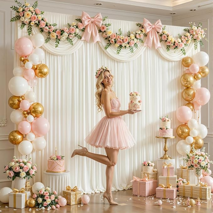 40ftx12ft Wrinkle Free Ivory Backdrop Curtain, 8 Panels 12FT Long Wedding Photo Backdrop Drapes, Silky Polyester Back Drop Cloth for Birthday Photography Background Party Backdrop Draping