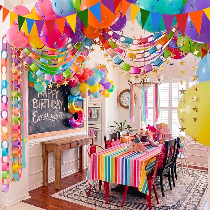 TaoBary Birthday Party Decor Kit 600 Sheet Paper Chain Garland Strips 656ft Crepe Paper 52ft Star Garland 52ft Felt Pennant Flag rainbow Ceiling Swirls 50 Balloons for DIY Birthday Wedding Party