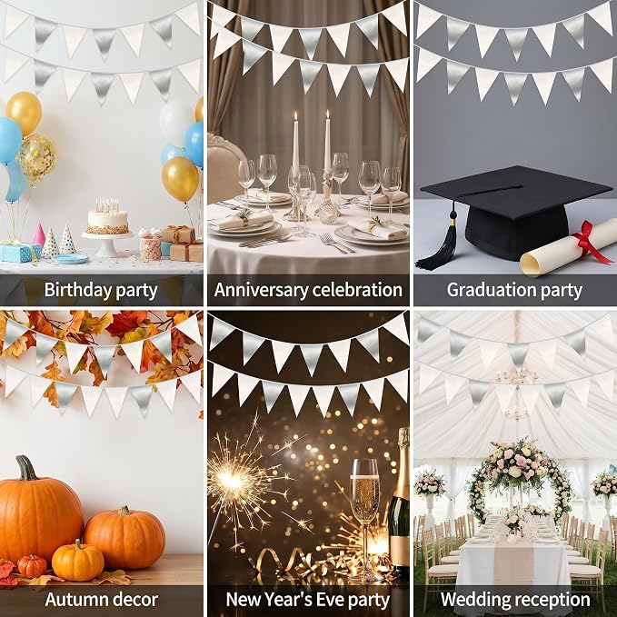 130FT White Silver Triangle Pennant Banner Flag Metallic Fabric Bunting Garland for Christmas Graduation Birthday Wedding Bridal Shower Nautical Ahoy Achor Theme Party Decorations Supplies