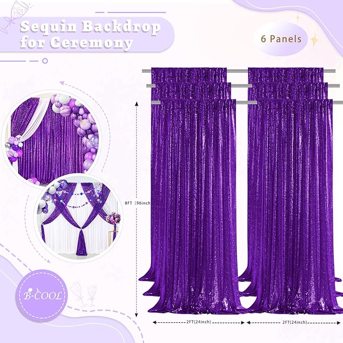 B-COOL Purple Sequin Backdrop Curtain: 6 Panels 2ftx8ft Curtain Background for Birthday Parties Decorations
