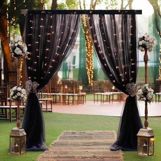10ft x 8ft Black Backdrop Curtain with Lights String for Parties, Sheer Tulle Wedding Photo Backdrops Drapes for Baby Shower Birthday Party Decorations Background for Photography