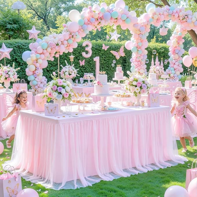 Pink Table Cloth for 8 Foot Rectangle Tables, Pink Stretch Fitted Tulle Table Covers Skirt, Rectangular Ruffle Tutu Tablecloth Wedding Banquet Baby Shower Cake Tablecloths Decorations