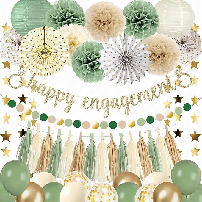 Engagement Party Decorations Boho Sage Green and Gold - 46 Pcs Pre-strung Happy Engagement Banner, Paper Lanterns, Fans, Pom Poms, Tassels, Garland, Balloons, Just Engaged Decorations Kit