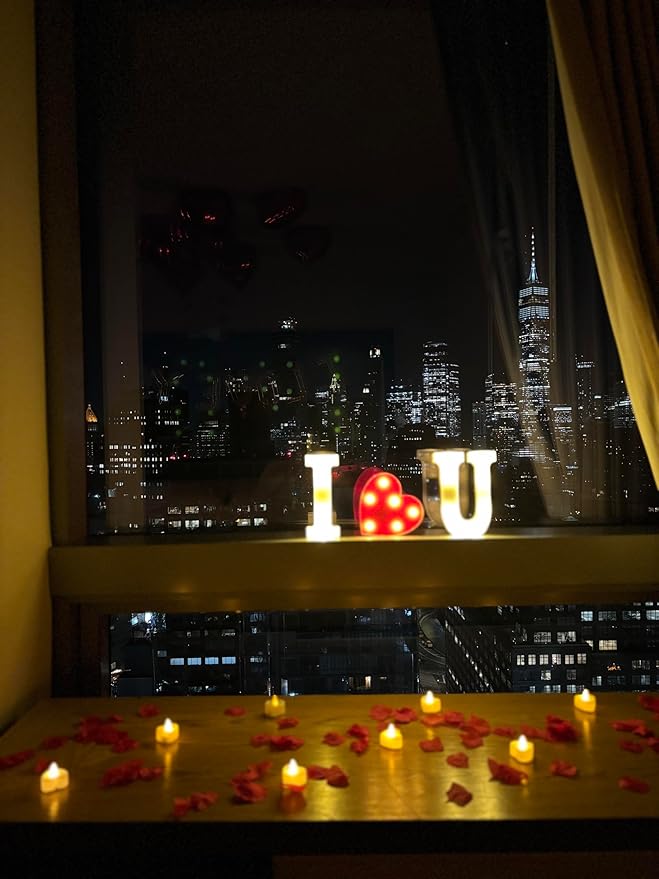 Romantic Decorations Valentines Day, Anniversary, Bedroom Special Night Décor - 3000 Rose Petals, LED & Balloon "I Love You" 36 Heart Candles, 2 Artificial Roses, 144 Red Heart Strings, Heart Balloons