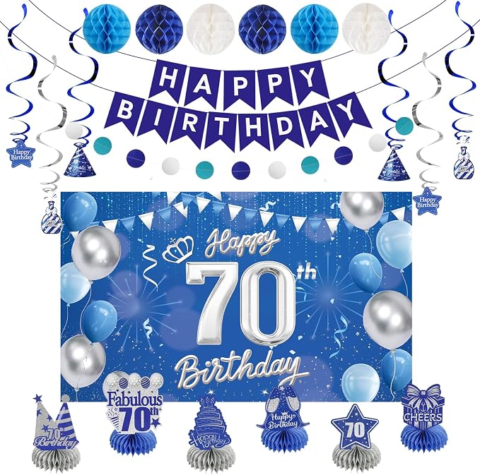 Happy 70th Birthday Party Decoration: Including Birthday Banner Backdrop, Party Table Centerpieces and Hanging Swirl Party Streamers, Birthday Decor for Men and Women (Blue, 70th Birthday)