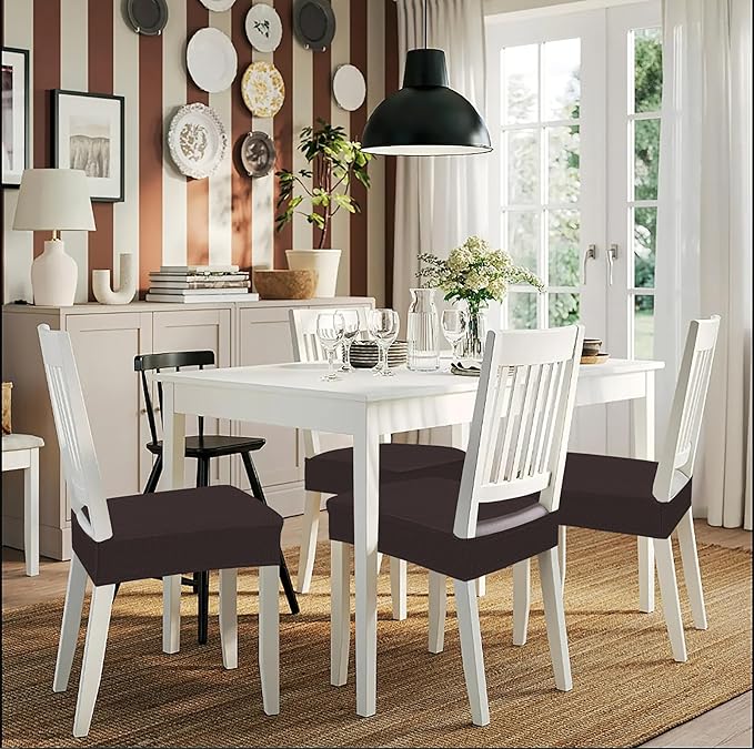 Smiry Stretch Jacquard Seat Covers for Dining Room Chairs Set of 2, Removable Washable Chair Seat Protector Slipcovers, No Rear Covers, Brown