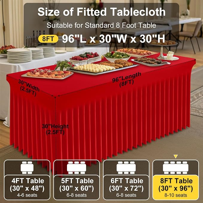 Smiry Spandex Tablecloth, Elastic Fitted Stretch Tablecloth for 8FT Rectangle Tables, Waterproof Washable Table Cover Skirt for Outdoor, Wedding, Banquet & Parties (Red, 96Lx30Wx30H Inch)