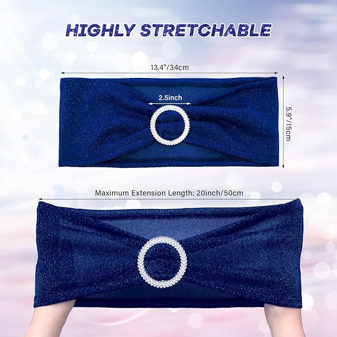 SquarePie Pack of 50 Royal Blue Chair Sashes Bows with Buckle Slider Universal Elastic Spandex Bands Ties for Banquet Event Decor
