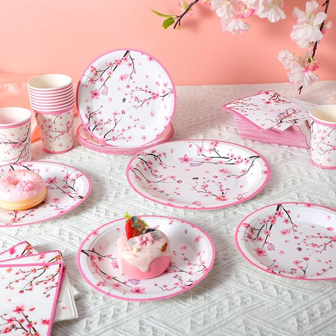 Hsei 250 Pcs Cherry Blossom Plates and Napkins Party Decorations Disposable Tableware Sets Baby Shower Birthday Supplies Serves 50 Guests Dinnerware Bridal Baby Shower Party Favors