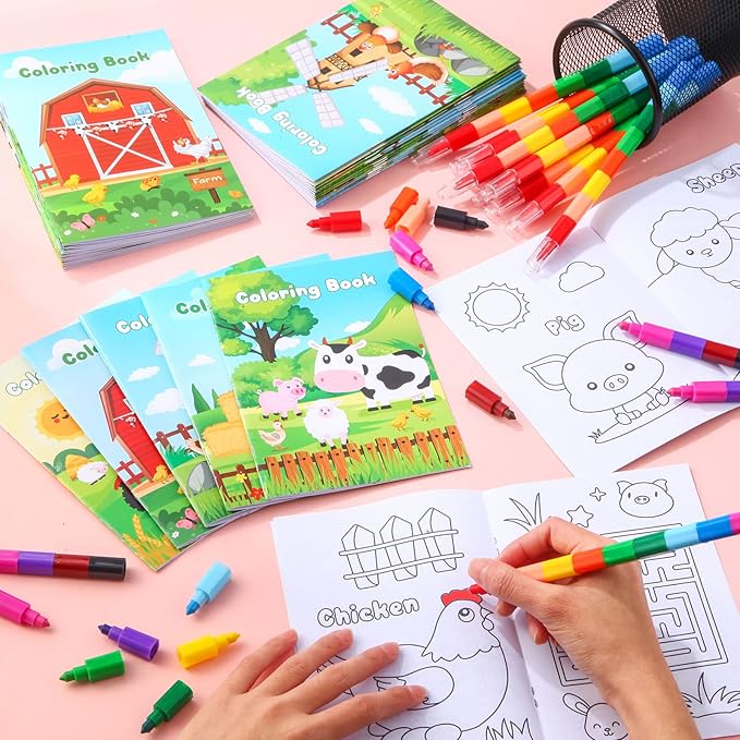 BenLouis 24 Farm Animals Mini Coloring Books Kids with 24 Stacking Crayons Barn Party Favors Activity Books Bulk for Kids Farm Cow Horse Birthday Goodie Bag Gift Stuffer Classroom Reward