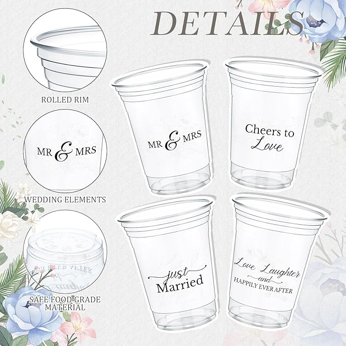 Jingmore 200 Pcs Wedding Plastic Cup 12 oz Wedding Disposable Cups for Reception Thick Clear Cup Happily Ever After Mr and Mrs Just Married Cups for Bridal Shower Decorations (White Floral)