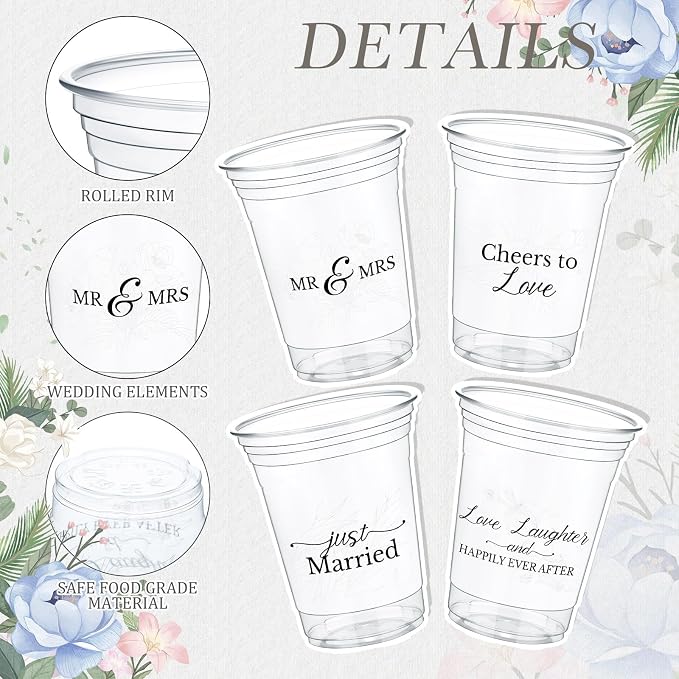Jingmore 100 Pcs Wedding Plastic Cup 12 oz Wedding Disposable Cups for Reception Thick Clear Cup Happily Ever After Mr and Mrs Just Married Cups for Bridal Shower Decorations (White Floral)