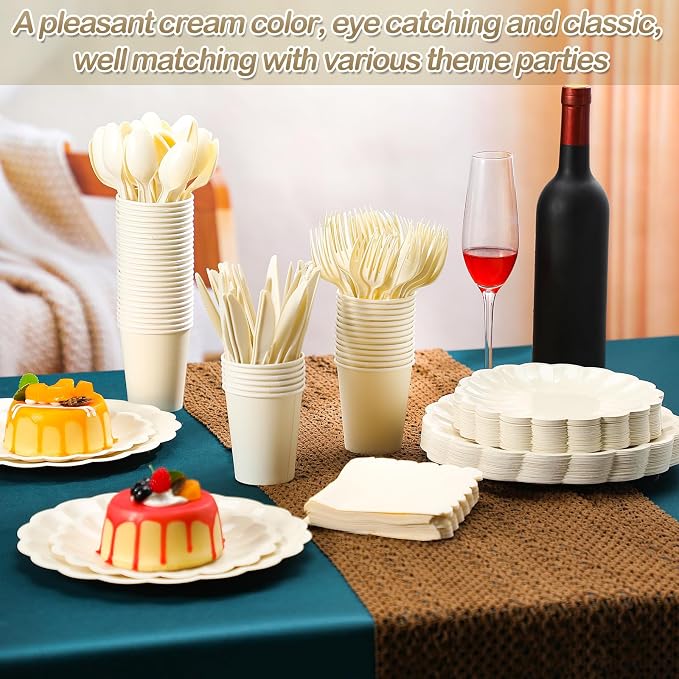 Newtay 350 Pcs Ivory Scalloped Paper Plates and Napkins Party Supplies for 50 Guests Cream White Disposable Plastic Tableware Cups Spoons Forks Knives for Wedding Baby Shower Picnic Birthday Party
