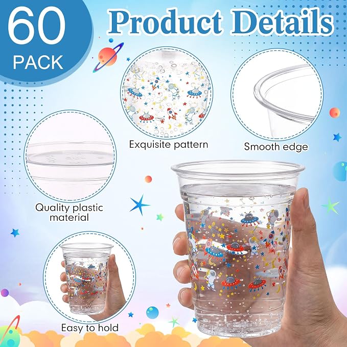Funnymoom 60 Pack Space Plastic Cups 12 oz Outer Space Galaxy Planet Disposable Clear Plastic Drinking Cups for Planet Solar System Birthday Baby Shower Party Decoration Supplies