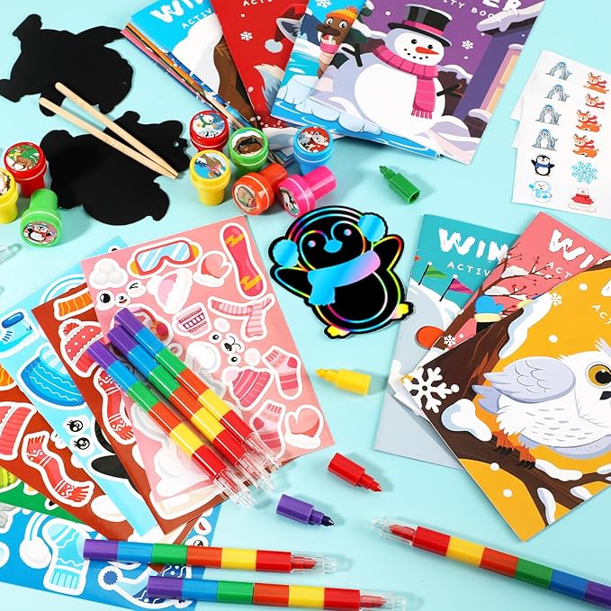 BenLouis Winter Party Favors Set Holiday Themed Coloring Book Classroom Gift Prizes Bulk for Students Kids Christmas Frozen Birthday Goodie Bag Stuffers Pinata Filler (12Set Animals)