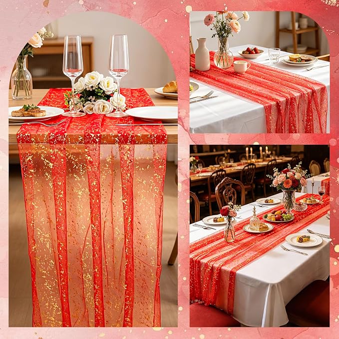 BINBE 1PCS Red Table Runner 10Ft Sheer Chiffon Fabric Cheesecloth Sequin Glitter Table Runner for Wedding Birthday Party Decor