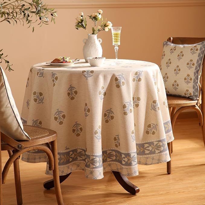patdrea Vintage French Linen Tablecloth,Round,Diameter 67"-Istana A | Heavyweight Elegant Table Cloth for Round Table,Natural Floral Block Print,for Dining Room Tea Party Thanksgiving