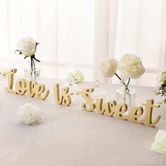 Love Is Sweet Table Decor Hollow Sign Wooden Love Is Sweet Sign for Dessert Table Freestanding Wood Is Wooden Letter Top for Wedding Shelf(Gold)