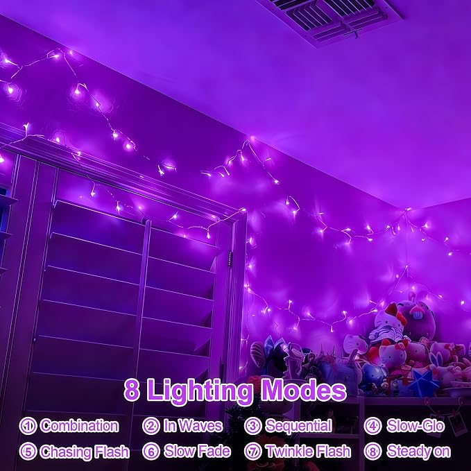 QITONG 2 Pack Battery Operated String Lights, Each 33ft 100 LED Purple Halloween Lights Outdoor Waterproof, 8 Modes Clear Wire Christmas Twinkle Fairy Lights Indoor with Remote