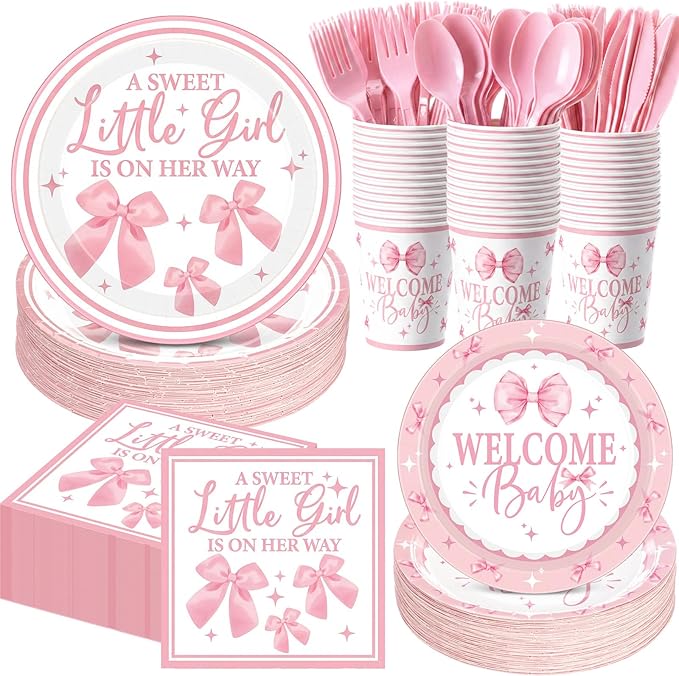 400 Pcs Pink Bows Baby Shower Party Decoration Girl for 50, a Sweet Little Girl Is on Her Way Plates Napkins Cups Cutlery for Welcome Baby Bow Coquette Birthday Party Supply