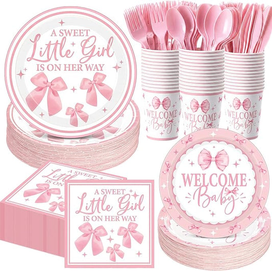 400 Pcs Pink Bows Baby Shower Party Decoration Girl for 50, a Sweet Little Girl Is on Her Way Plates Napkins Cups Cutlery for Welcome Baby Bow Coquette Birthday Party Supply