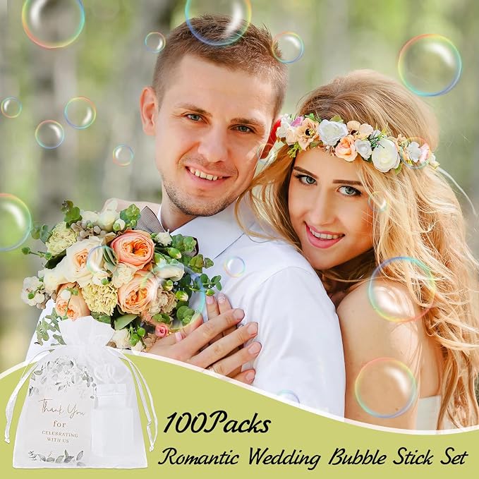 WAYASDCU 100 Sets Wedding Party Favors White Mini Bubble Bottles Greeting Card Goodie Bag Wedding Bubbles for Guests, Anniversary, Engagement, Celebration