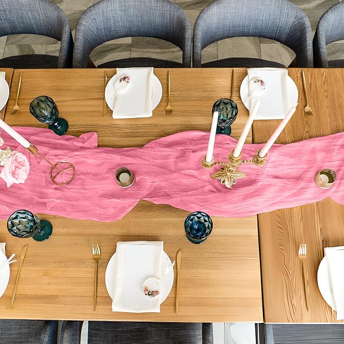 Cheesecloth Table Runner 8 Pack – 35x120 Inch (10ft) Boho Rustic Gauze Cloth Runners – Crinkle Polyester Table Decor for Wedding, Baby Shower, Bridal Shower, Birthday Party and More (Pink)