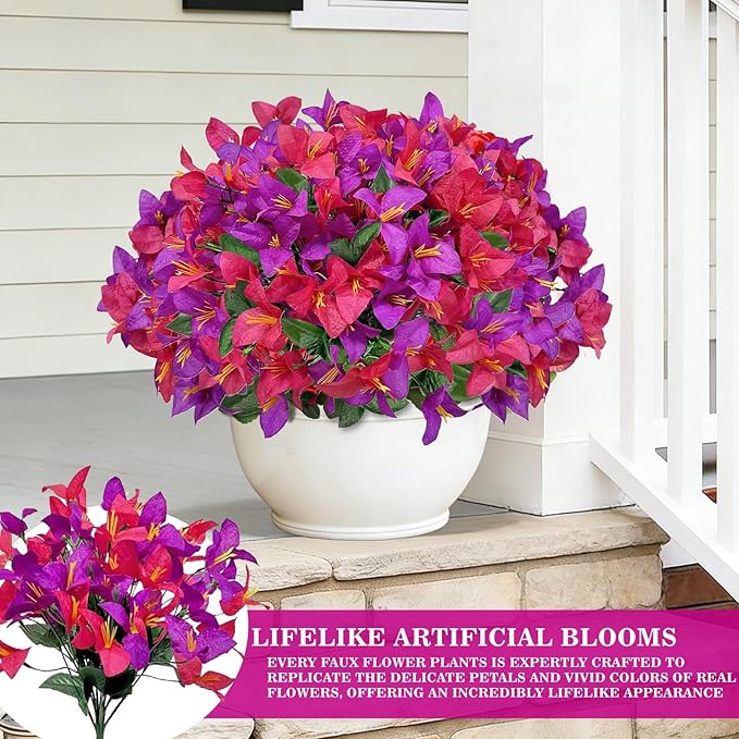 Artificial Fake Hanging Flowers Plants Baskets for Outdoors, Faux Silk Bougainvillea in Planter UV Resistant Realistic Spring Summer Decoration for Outside Porch Patio Yard Home Decor (Purple Hotpink)