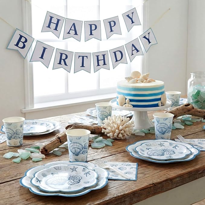 Newtay 250 Pcs Seashell Party Decorations Plates and Napkins Beach Theme Disposable Tableware Dinnerware for 50 Guests Blue Bow Seashell Paper Plates Napkins Cups for Bridal Shower Coastal Party