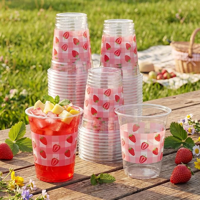 Funnymoom 60 Pack Strawberry Plastic Cups 12 oz Pink Gingham Disposable Clear Plastic Drinking Cups for Summer Fruit Theme Baby Shower Birthday Holiday Party Decoration Supplies