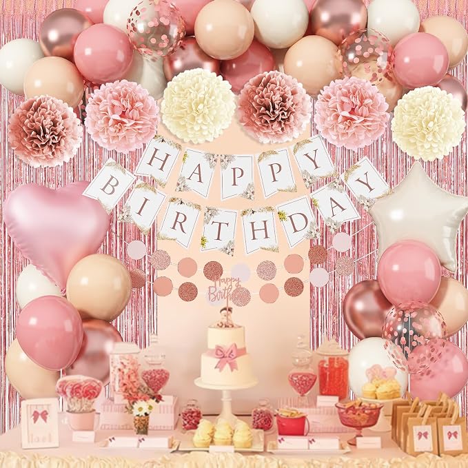Jobkoo Pink Birthday Decorations for Women, Boho Dusty Pink Rose Gold Blush Beige Latex Balloons Happy Birthday Banner Foil Fringe Curtain Tissue Paper Pompom for Woman Girls Party Decoration Supplies