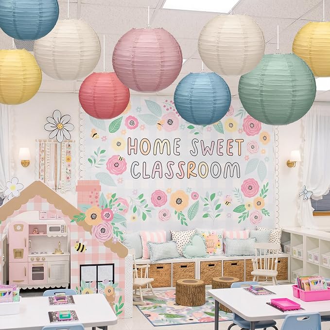 Retisee 12 Pcs 10 Inch Hanging Paper Lanterns Party Decorations Pastel Spring Classroom Decor for Birthday Back to School Party Decoration for Classrooms Wedding Birthday Ceilings