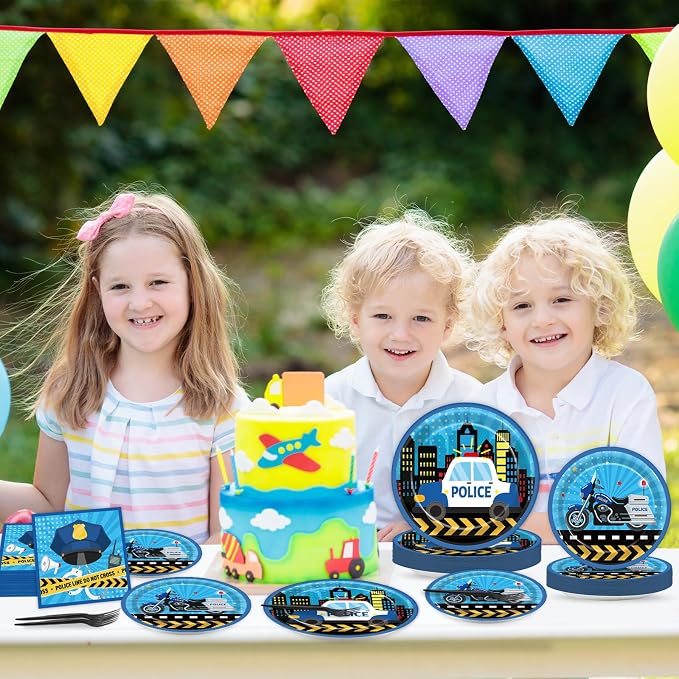 Qyeahkj 50 Guests Police Plates and Napkins Party Supplies Police Car Party Decorations Disposable Tableware Set Police Officer Paper Dinnerware Favor for Boys Kids, 200PCS