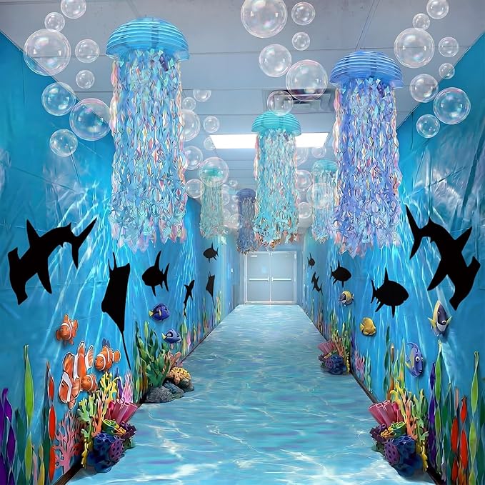 VioraWhite 10 Pcs Ocean Theme Party Classroom Decorations 6 Black Fish Fabric Backdrops 1 Blue Wave Rug 3 Jellyfish Hanging Top Decor Sea Birthday Party Decorations for Summer Beach Classroom