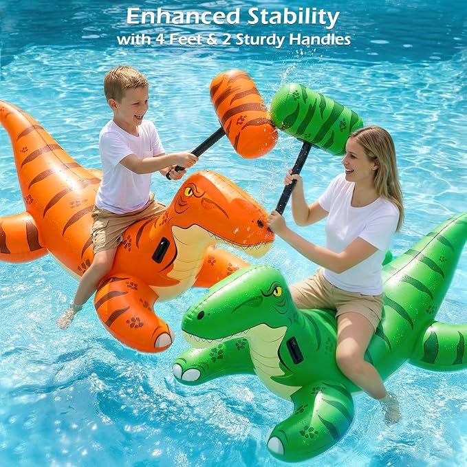 Jasonwell Pool Games Toys Floats -2Pack Inflatable Dinosaur Pool Floats with Blow Up Toy Hammers Ride on Pool Floaties for Kids Teens Adults Lounge Raft Summer Lake Beach Party Decorations