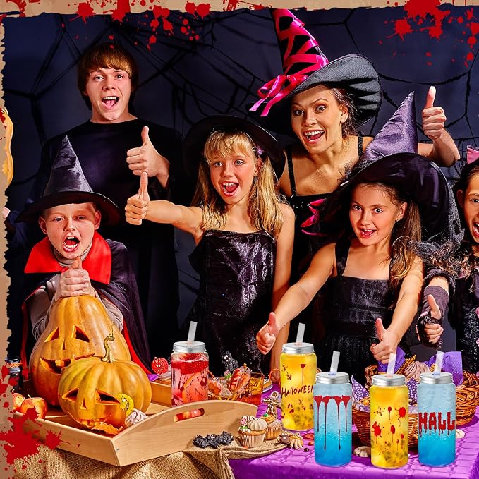Skylety 30 Pcs Halloween Blood Printed Plastic Cups 13.5 oz Plastic Tumbler with Lids and Straws Reusable Bloody Drinking Cups for Halloween Themed Party Supplies Juice Soda Drinks