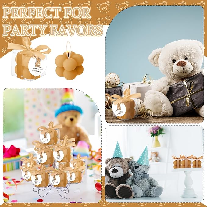 MTLEE 24 Sets Bear Baby Shower Bubble Candles Favors Small Baby Shower Favors for Guests Tea Candles Bulk with Stylish Ribbons Cards Gifts Party Decoration(Champagne, Bear)