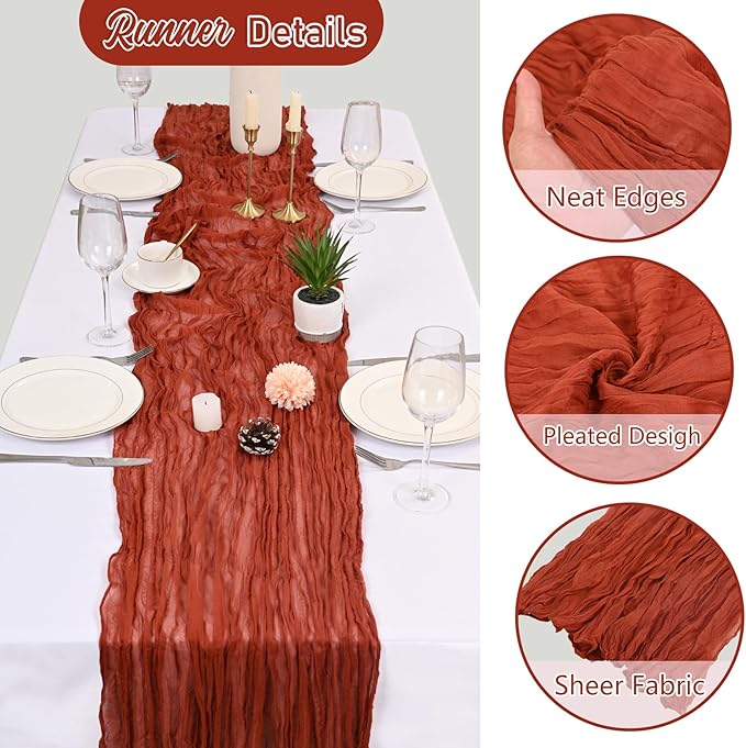 10 Pack Terracotta Cheesecloth Table Runner 10FT Boho Gauze Fabric Cheese Cloth Table Runners for Wedding ,Party,Baby Shower, Bridal Party, Rustic Farmhouse and Table Decorations