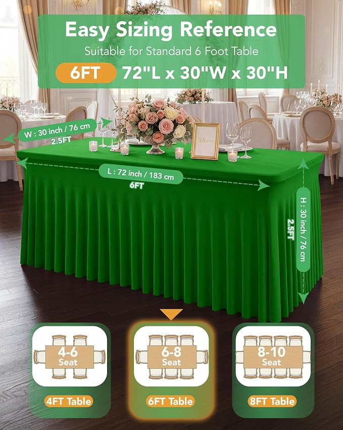 4 Pack Spandex Table Cover Skirts for 6ft Rectangle Tables, Green Stretch Table Cloths with Floor-Length Ruffle, Elastic Fitted Skirted Tablecloth for Elegant Wedding Banquet Party Buffet Decoration