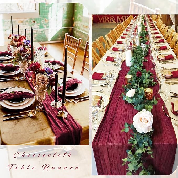 10FT 12 Pcs Burgundy Cheesecloth Table Runner Gauze Fabric Boho Cheese Cloth Table Runner Rustic Semi Sheer Runner for Wedding Holiday Bridal Shower Birthday Party Table Decor (35 x 120 Inches Long)