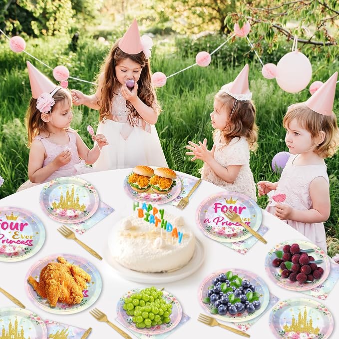 96Pcs Princess Birthday Party Supplies Four Ever a Princess Plate and Napkin Watercolor Pastel Rainbow Castle 4th Birthday Paper Dinner Plate Fairytale Party Tableware Dinnerware Set for Girl Serve 24